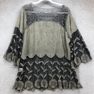 Tunic Shirt Womens XL Green Embroidered Black Mesh 3/4 Sleeve Flare Loose